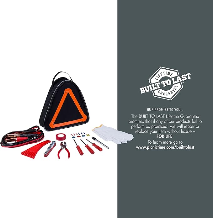 ONIVA - a Picnic Time Brand Roadside Emergency Car Kit, Auto Vehicle Safety Road Side Assistance with Jumper Cables and Car Tool Kit, (Black with Orange Accents)