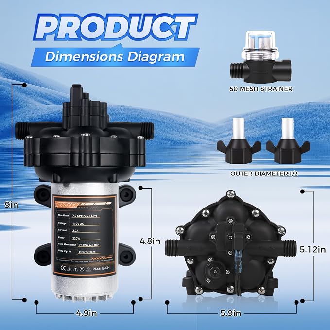 Upgraded 110V AC Fresh Water Pump, 7GPM 70PSI, Five Chamber Self-Priming Diaphragm Pump with Heavy Duty Pressure Switch & Strainer for RV, Marine,Home Water System, Irrigating & Industrial Settings