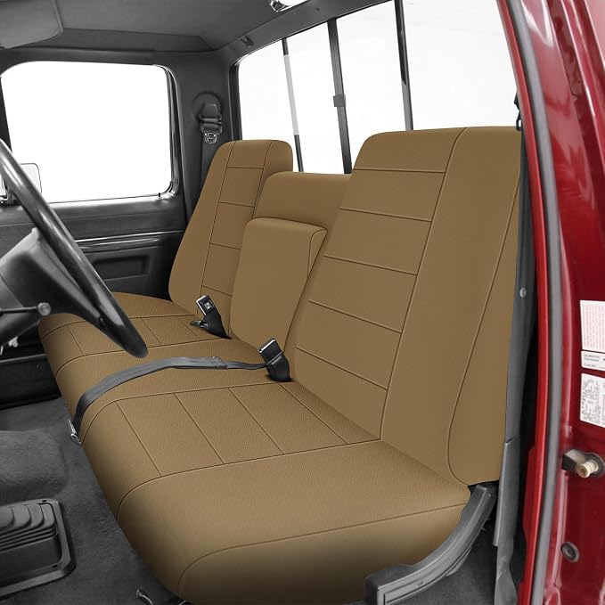 Truck Seat Cover Compatible with 1987-1991 Ford F150 Front Bench with Opening Armrest and Molded Headrest (Tan, 1987-1991 F150)
