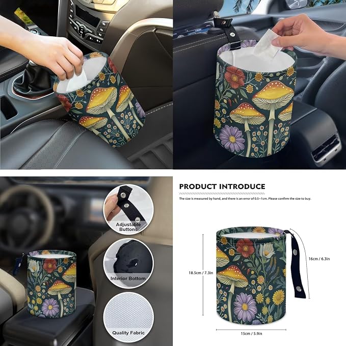 15 Pcs Forest Mushroom Auto Interior Accessories Car Seat Covers with Auto Steering Wheel Cover Seat Belt Covers Car Trash Can View Mirror Cover Coaster Keychains