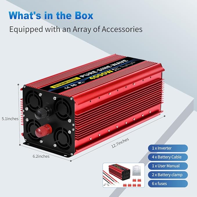SUNWHEEL 4000W Pure Sine Wave Inverter, Solar Off-Grid Inverter, 12V DC to 110V 120V AC for RV、Microwave、Truck、Refrigerator、Freezer、TV、Air Conditioner with 4 AC outlets and LCD Display