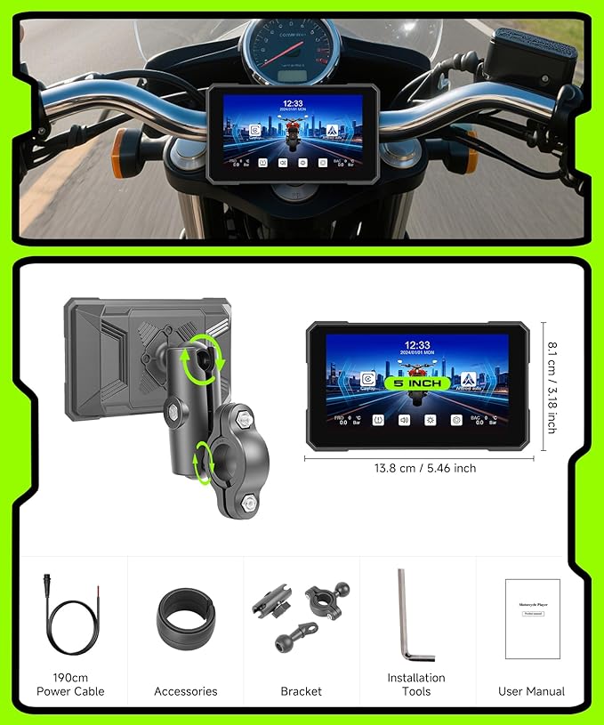 Motorcycle CarPlay Screen 5 Inch Wireless Carplay Android Auto for Motorbike with Removable Bracket, IP68 Waterproof Touchscreen, Supports GPS Navigation Bluetooth