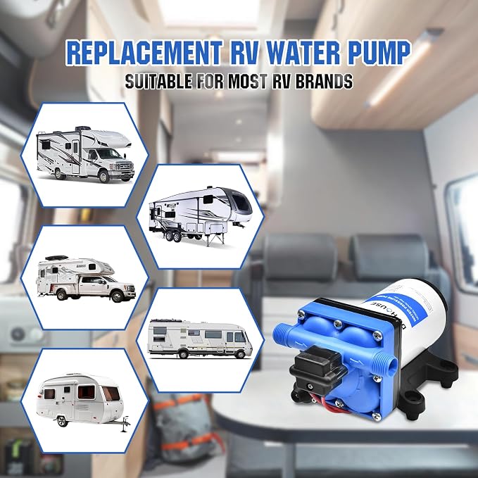 DC HOUSE 42 Series RV Water Pump Replacement Quiet 12V 3.5GPM 55PSI, 12 Volt Water Diaphragm Pressure Pump Self Priming with Bypass for Reduced Cycling Transfer Fresh Salt Liquid Yacht Trailer Truck
