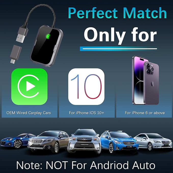 Wireless Carplay Adapter - Mini Car Play Wireless Adapter, Plug & Play Carplay Dongle Compatible with Apple iPhone 6+/iOS10+ & Cars Built-in CarPlay