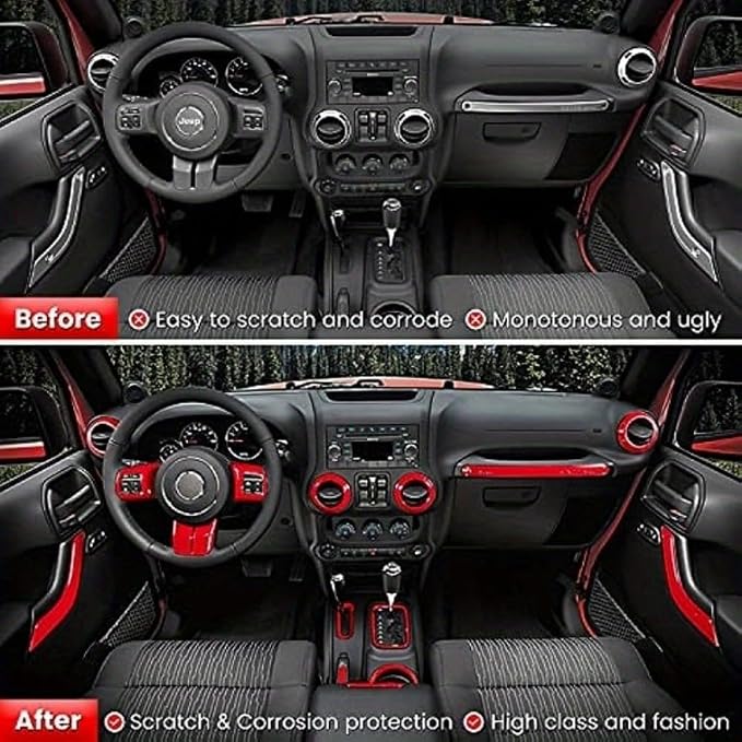 18 PCS Full Set Interior Decoration Trim Kit Steering Wheel Center Console Door Handle Air Conditioning Vent Cup Holder Gear Cover Trim for Jeep for Wrangler JK JKU 2011-2018 4-Door (Red)