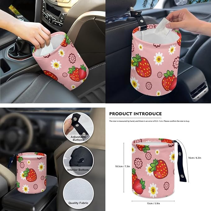 Strawberry Floral 15 PCS Car Seat Cover Set with Auto Steering Wheel Cover Seat Belt Strap Protector Cup Holder Trash Bag Rear View Mirror Protector Keychain