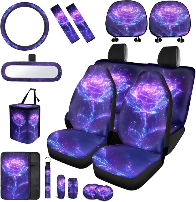 17Pcs Purple Rose Car Seat Covers Full Set with Front and Split Rear Bench,Dreamy Rose Head Rest Covers,Vehicle Trash Bag Car Interior Accessories for Women Universal Fit,Car,Truck,SUV,Van