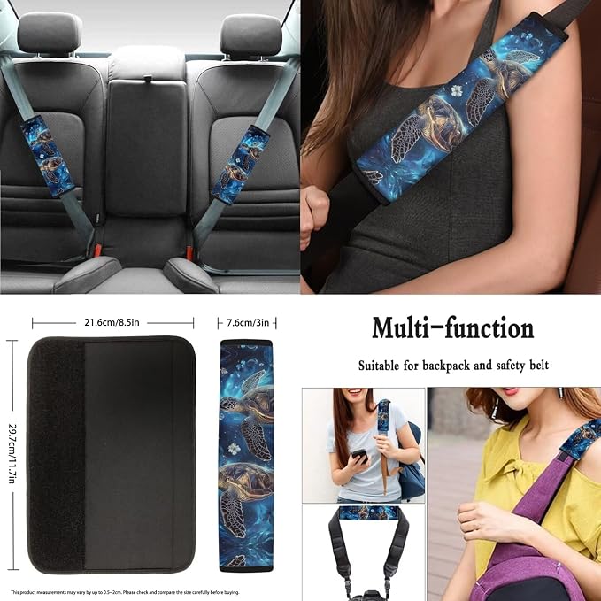 8 Pcs Galaxy Turtle Car Seat Covers Set for Women Universal Full Set with Steering Wheel Cover Armrest Pad Seatbelt Covers for Auto SUV Interior Decoration