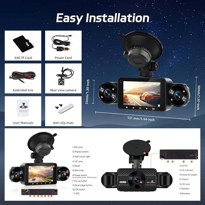 NHOPEEW Dash Cam Front and Rear Inside, 4 Channel Dash Cam 3" IPS Screen Front and Back with 8 IR Night Vision Lights, Loop Recording, 24 Hours Recording, G-Sensor, Reverse Help + 64G Memory Card