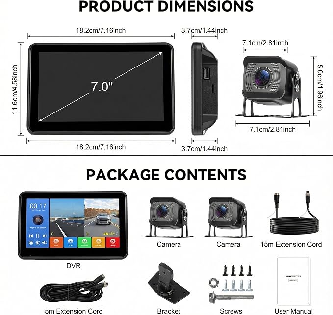 7 Inch Touchscreen Wired Backup Camera System, AHD 1080P Full Color Night Vision, 4K DVR Recording, IP68 Waterproof, Loop Recording, Parking Monitor, 9-32V for Truck Tractor Excavator Skid Steer RV