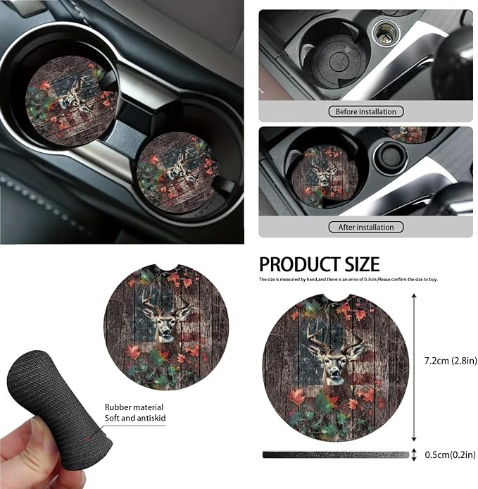 Deer Wood American Flag Maple Leaf Print Car Seat Covers Full Set, 13 Pieces Car Accessories Set, Universal Fit Steering Wheel Cover Safe Belts Cover Waterproof Coasters for Trucks SUV Van