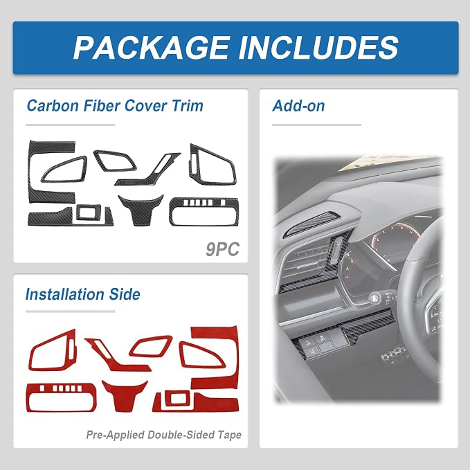 9PCS Real Carbon Fiber Interior Trim Kit Compatible with 2016-2021 10th Gen Honda Civic, Interior Decor Sticker Accessories for Gear Shift Panel, AC Air Vent, Hazard Light Panel
