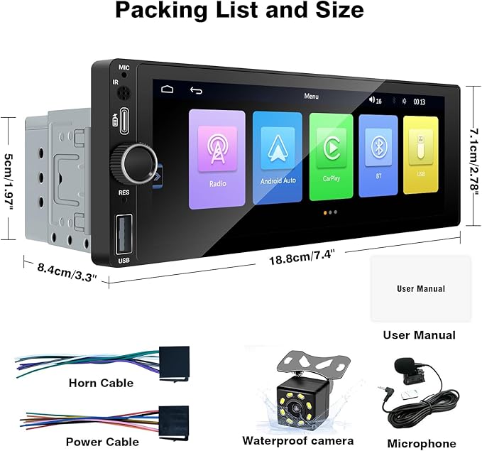 LEXXSON Single Din Car Stereo with Carplay Android Auto, 6.86 Inch IPS Touch Screen Single Din Radio with Mirror Link FM USB EQ GPS
