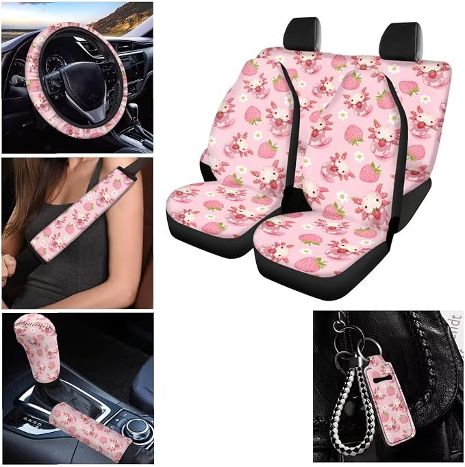 Pink Axolotl Car Seat Cover Full Set Steering Wheel + Seat Belt Shoulder Cover + Key Chain + Gear Shift Knob Cover + Coasters Car Interior Accessories Set for SUV, Sedan, Vans, Trucks
