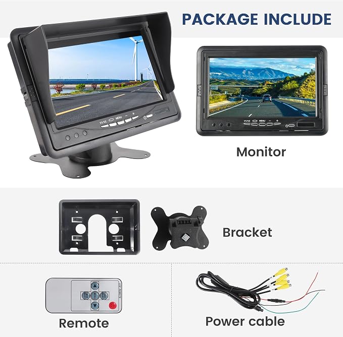 EWAY 7 Inch TFT LCD Monitor Quad Split View HD Full Color 7" Display Screen RCA Video Inputs Supports 4 Channels for Front Rear Side Backup Camera Rearview Reverse Reversing with Remote Control