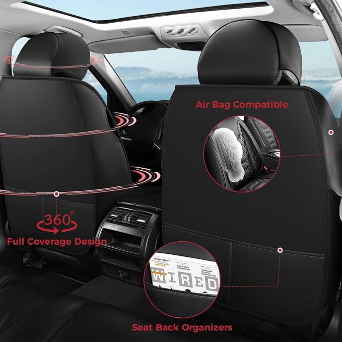 FREESOO Car Seat Covers Leather Seat Cover Full Set Automotive Seat Cover Protector Accessories Airbag Compatible Universal Fit for 5 Seats Black Beige