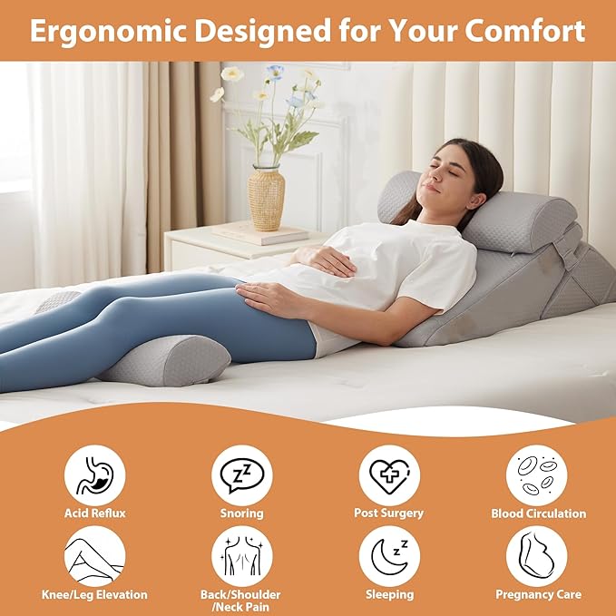 BIEEZZK 4PCS Wedge Pillow Set for After Surgery, Back Pillow for Bed Sitting up, 9&12inch Adjustable Memory Foam Bed Wedges, Pillow Wedge for Acid Reflux, Back Pain Relief, Snoring, Grey