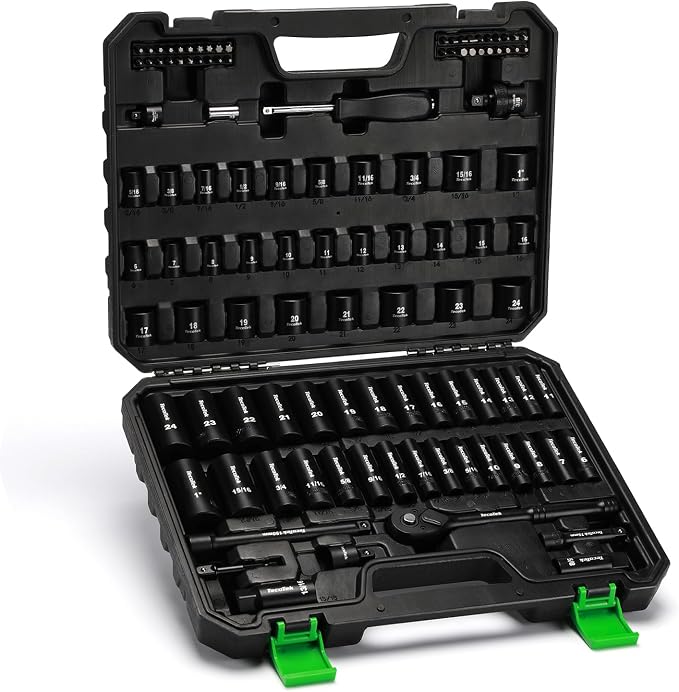 TecoTek 3/8" Drive Impact Socket Set, 109-Piece SAE (5/16"-1") and Metric (6mm-24mm), Deep & Shallow, 6 Point, Adapters, Ratchet Handle, Screwdriver Bit Set, Spark Plug Socket