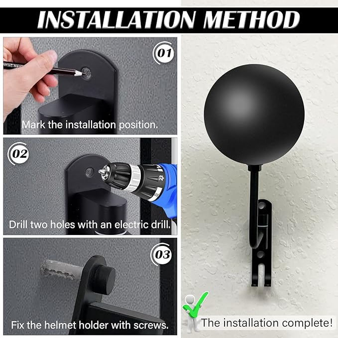 Kikerike Motorcycle Helmet Rack Wall Mount 180 Degree Rotation Metal Bike Helmet Holder Mount Bicycle Helmet Display Hanger Stand with 2 Hooks for Motorcycle Bike Baseball Rugby Helmet - Black, 3 Pcs