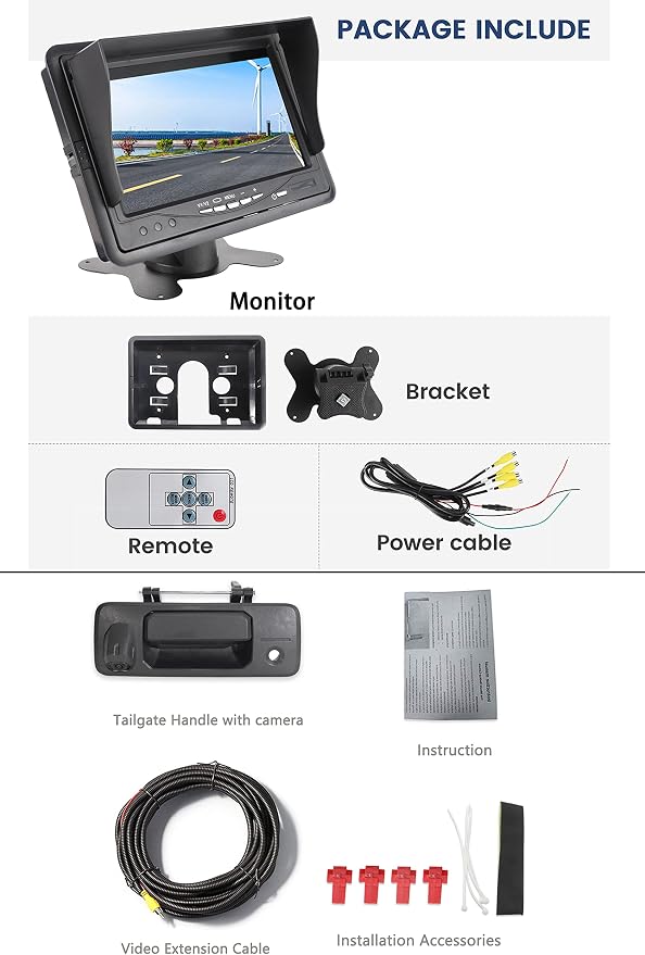 EWAY Tailgate Handle Backup Camera 7 Inch TFT LCD Monitor Kit for 2014-2019 Toyota Tundra Rear View Reversing Backing Cameras Monitor Kit Optional Guideline