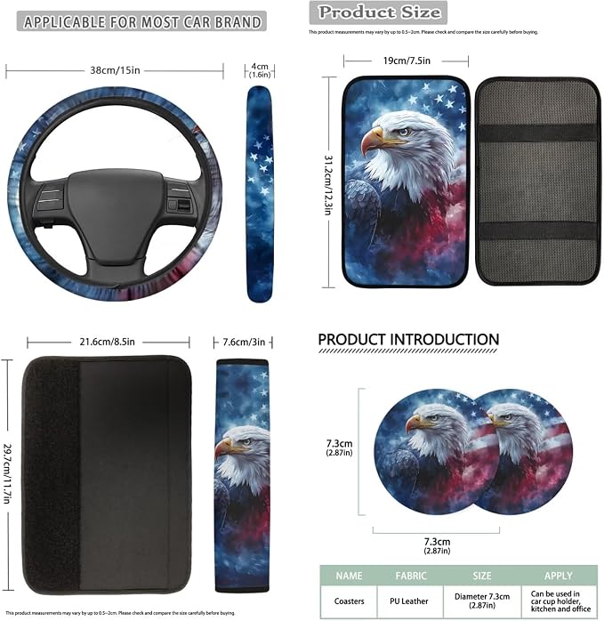 Bulopur Eagle American Flag Car Seat Covers Full Set 14 Pack with Vehicle Steering Wheel Cover Automotive Armrest Cushion Pad Seat Headrest Covers Auto Seat Belt Pads Interior Accessories Set