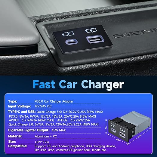 90W Fast Car Charger USB c Dual Port Adapter Center Console Socket for Toyota Corolla hilux (Flat Type-C (45W)+USB (45W))