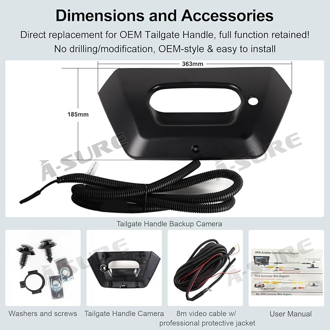 ASURE Backup Camera Tailgate Handle for Chevrolet Avalanche 2001-2006 | 1080P HD, 170ยฐ Wide View, Starlight Night Vision, IP68 Waterproof, RCA/CVBS, No-Drill Fit, Parking, Reversing & Towing