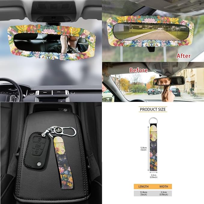 Cat Daisy Sunflower Pattern 15 PCS Car Interior Accessories, Oil Painting Car Seat Covers + Steering Wheel Cover + Seat Belt Pad + Trash Can + Keychain + Air Vent Storage Bag + Coasters