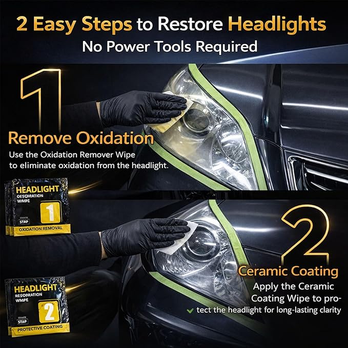Headlight Restoration Wipes Kit, 2 Step Headlight Cleaner & Protective Coating Wipes, Removes Oxidation & Yellowing, Restores Clarity & Shine,Headlight Polish no Power Tools Required (4PCS)