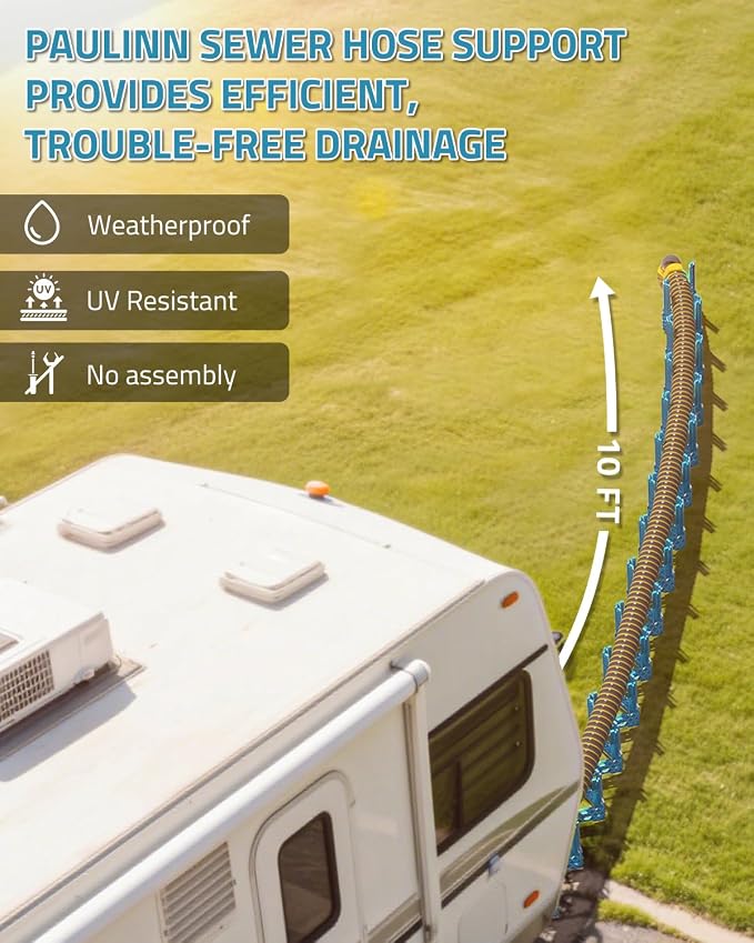 PAULINN 10FT RV Camper Sewer Hose Support, Height Adjustable Sewer Hose Support for RV Camper, Deep Cradles Design, Quick Setup and Takedown, w/Secure Rubber Band & Carrying Strap