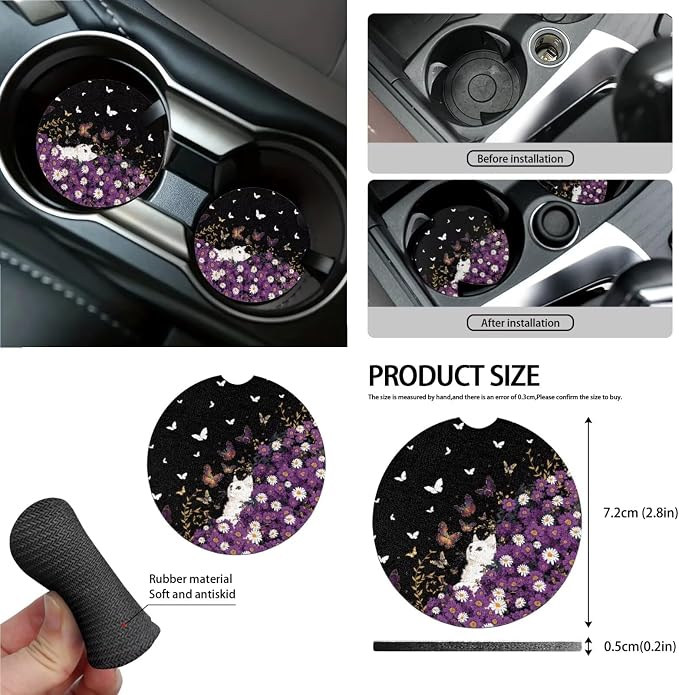Cat Daisy Butterfly Print Auto Seat Covers Full Set, Car Accessories Set of 13, 1 Piece Steering Wheel Cover,4 Pieces Seat Belt Cover, 4 Pieces Cup Holder Coasters for Women Men