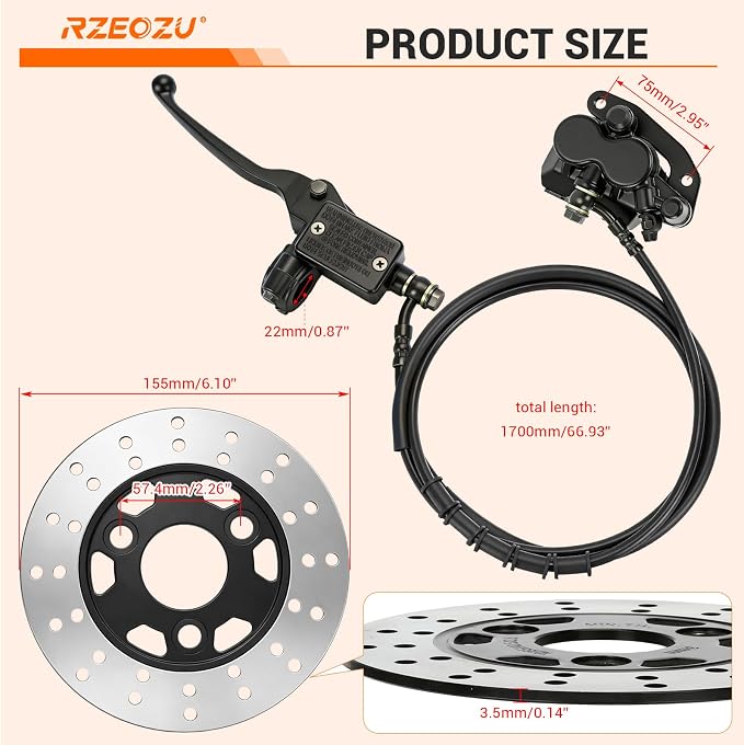 Mini Bike Hydraulic Brake Kit with Rear Disc Brake Rotor Replacement for Mega Moto B212 Coleman B200RSV B200 200cc Minibike Parts 7/8 Left Brake Master Cylinder