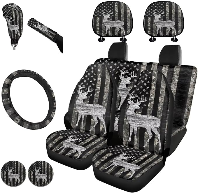 KEIAHUAN 11 Pcs Car Seat Covers Full Set for Men American Flag Deer Camo Hunting with Handbrake and Gear Shift Knob Cover,Headrest Cover, Coasters,Non-Slip Car Steering Wheel Cover,Coasters
