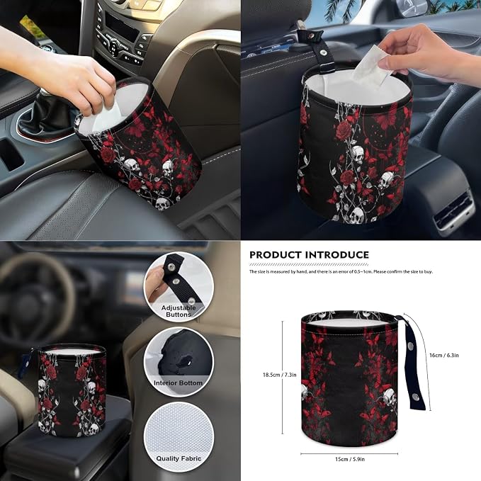 Car Accessories Seat Covers Full Set of 14 Skull Rose Butterfly Print Car Front and Rear Seat Covers with Steering Wheel Cover Center Console Pad Safety Belt Pads Cup Coasters