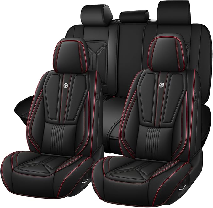 Arazi Fit for 98% of Mazda Seat Covers, 360° Full Wrap Original Seat Cover, Waterproof Nappa Leather Seat Covers with Big Space Storage Pocket Seat Protector(5 Seats Standard, Black&Red Line)