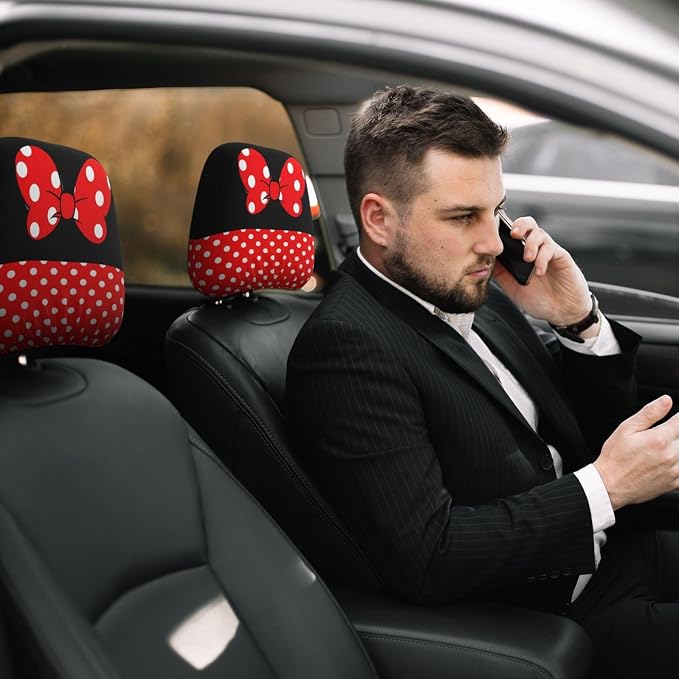 Cute Black Polka Dot Red Bow Car Seat Headrest Cover and Steering Wheel Cover Car Coaster Set