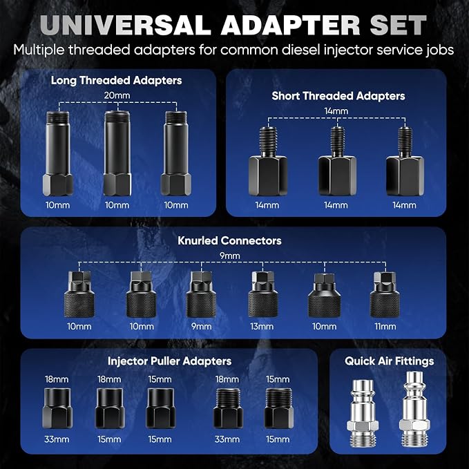 SakerPlus Universal Diesel Injector Removal Kit, Pneumatic Injector Puller Tool Set with Adapter Assortment, Air-Powered Vibration Injector Extractor for Diesel Engine Service, Blow Molded Case