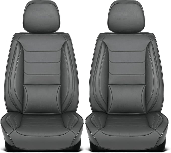 MotorBox Meridian Series Napa Leather Seat Covers for Cars, Classic Cushion Front Seat Covers, Premium PU Leatherette Gray Car Seat Covers with Classic Line Design, Cars Trucks SUVs