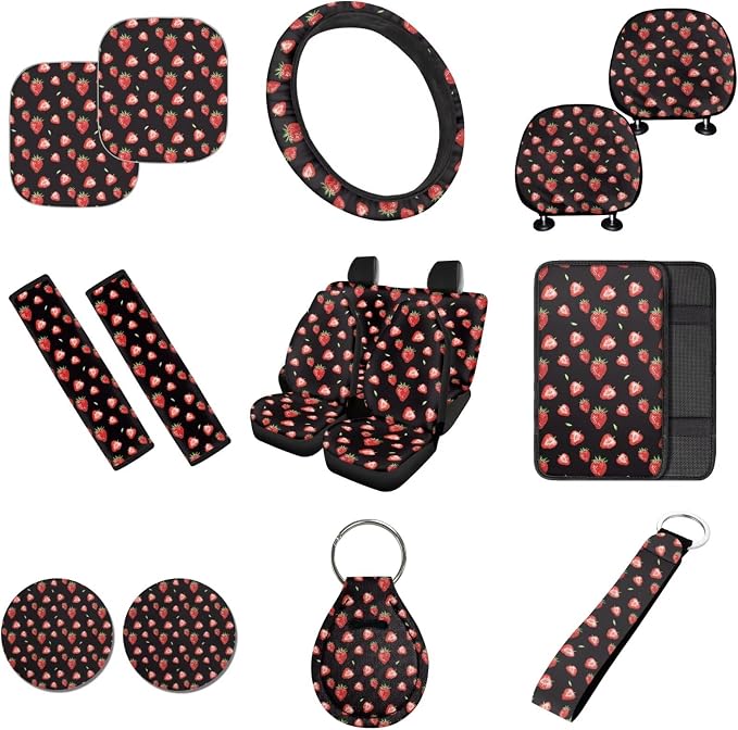 16 Pcs Strawberry Car Seat Covers Full Set Black Car Sunshade for Windshield Auto Steering Wheel Cover Armrest Cushion Head Rest Protector Seat Belt Covers with Keychain Fruit Accessories