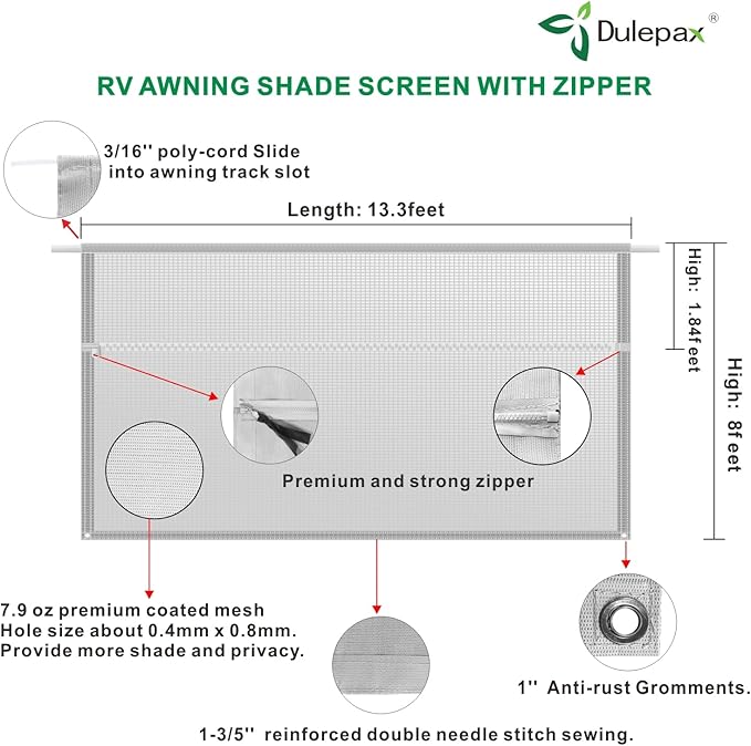 Dulepax RV Awning Shade Screen with Zipper 8'X13'3'' -Second Generation RV Awning Screen Significantly Improves Shadew and Privacy.Universal RV Awning Sun Shade Screen with Complete Kits