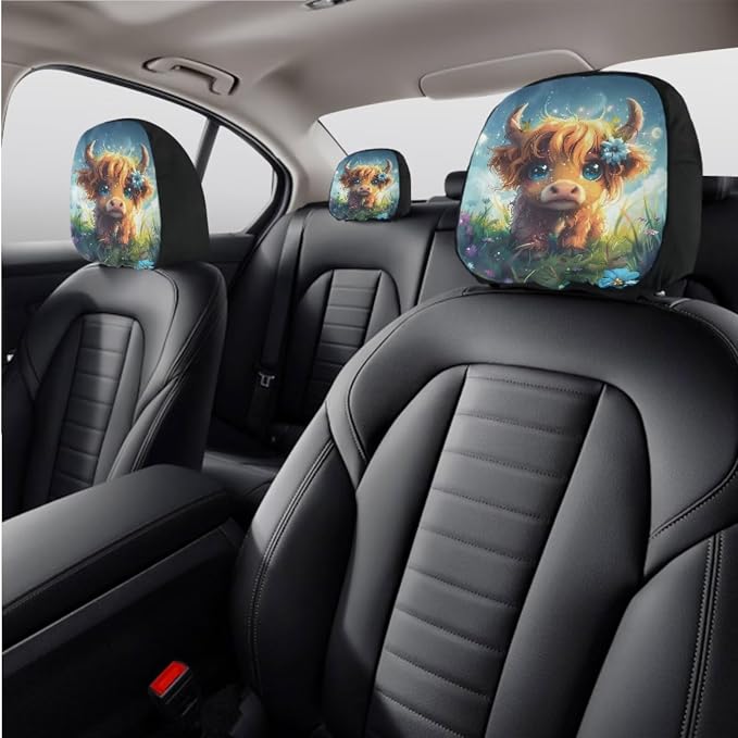 Wanyint Cute Highland Cow 11 Pack Car Seat Cover Set with Steering Wheel, Shift Knob, Handbrake, Coasters & Headrest Covers - Universal Fit
