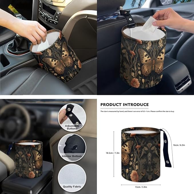 Goth Butterfly 15 PCS Car Seat Cover Set with Auto Steering Wheel Cover Seat Belt Strap Protector Cup Holder Trash Bag Rear View Mirror Protector Keychain
