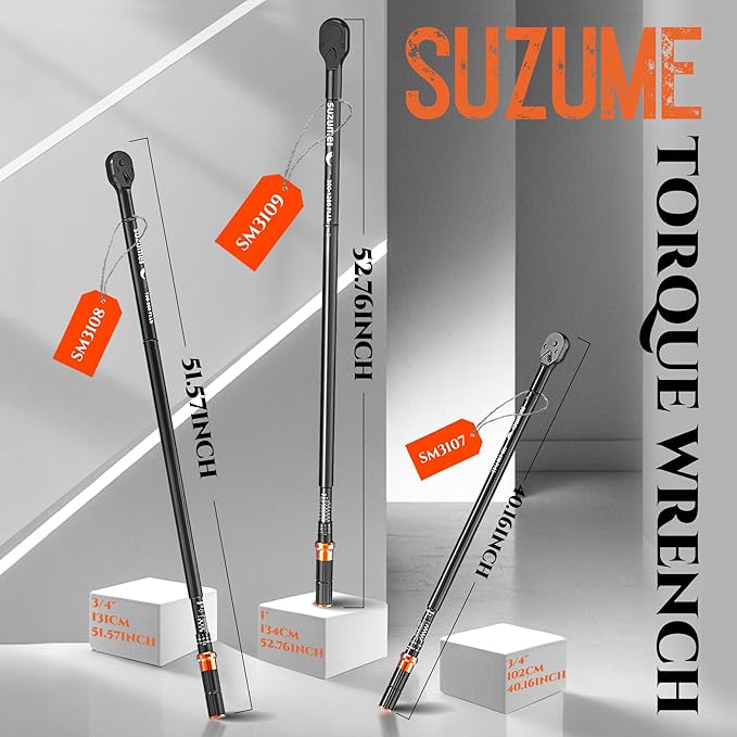 SUZUME 3/4 Torque Wrench (100-650 Ft.Lb/ 135.6-881.4 N.m) ±3% Accuracy Dual-Scales Loud Click Cr-V Steel Torque Wrenches for Truck, Industrial Machinery