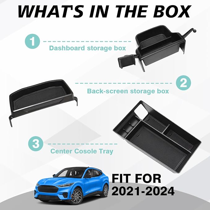 BestEvMod AOSK Center Console Organizer & Dash Tray & Screen Back Organizer Compatible with 2021-2024 Mustang Mach E Accessories 3PCS Set Storage Box Middle (V1 Console + Screen Back + Dash)
