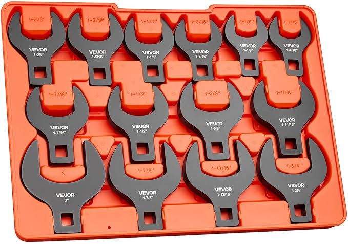 VEVOR Crowfoot Wrench Set, 1/2" Drive, 14-Piece SAE 1-1/16" to 2" Crows Foot Wrenches, with Storage Tray, Dual Size Markings on Tools and Tray, for Auto Maintenance or Repairs