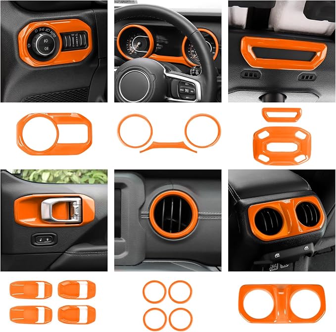 21PCS Orange Interior Trim Kits Fit for 2018-2023 Jeep Wrangler JL JLU & Gladiator JT 4Door Interior Decor Accessories Dashboard AC Headlight Switch Roof Speaker Inner Door Bowl Steering Button Frame