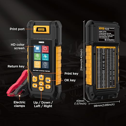 AUTOOL BT760 Automotive Battery Tester with Thermal Printer – 12V/24V Car & Motorcycle Battery Checker, Cranking & Charging Test, Reverse Polarity Protection, HD Color Display