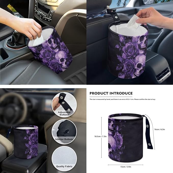 15 Pcs Purple Rose Skull Car Seat Covers Full Set for Women Goth Car Accessories Interior Car Steering Wheel Cover Seatbelt Covers Trash Bin Rear View Mirror Cover Cup Holders Keychain