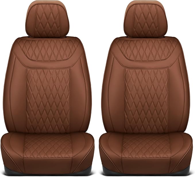 MotorBox Creekstone Series – PU Leather Seat Covers for Cars, Creekstone Series Cross-Stitch Edition Front Seat Covers, Diamond Stitched PU Leatherette Brown Car Seat Covers for Cars Trucks SUVs