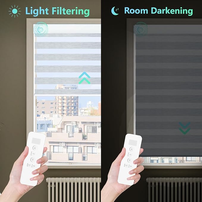 MING CHEN Motorized Blinds with Remote,Built-in Rechargeable Smart Blinds, Custom Size Electric Zebra Shades Compatible with Alexa Google 90% Blackout (Striped Grey,Custom Sizes)